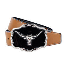 Cinturón vaquero occidental de forma ovalada, hebilla de cabeza de búfalo de Metal, correa de cuero genuino de fibra, 110-125cm 2024 - compra barato
