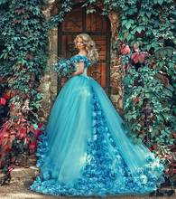 2020 винтажное синее бальное платье с открытыми плечами и цветами из тюля 16 платьев Vestidos De 15 Anos на день рождения 2024 - купить недорого