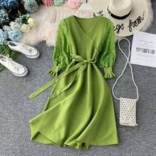 Women V Neck 3d Flowers Dress Three Quarter Sleeve Patchwork Woman Sashes Knit Dresses 2024 - buy cheap