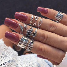Anéis geométricos vintage de penas femininos, anéis ajustáveis de cor prata com penas e flores para mulheres boho 2024 - compre barato