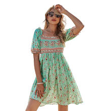 2021 Women's Summer Short Bohemiani Dresses Printing Slim a Line Vestidos Short Lantern Sleeve Square Collar High Waist Dress 2024 - buy cheap