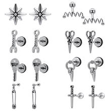 AOEDEJ 8 Styles Stainless Steel Stud Earrings for Men Women Scissors key Hip Hop Punk Rock Ear Earrings Piercing  Jewelry Gifts 2024 - buy cheap