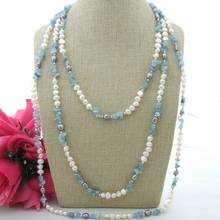 fine jewelry Aquamarine White Baroque freshwater Pearl 100" Necklace 2024 - buy cheap