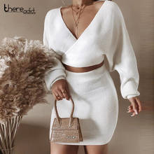 Thereadict White Knitted Suit Two Piece Set Crop Top And Skirt Autumn Winter Sweater 2 Piece Set Women V Neck Female Outfits 2024 - buy cheap