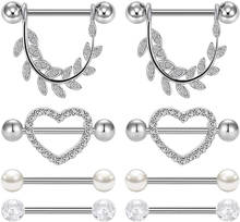 Anéis de mamilo com 4 pares, joia piercing corporal folha de zircônia cúbica formato de coração anéis para mulheres e meninas 2024 - compre barato