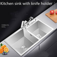Lavatório de aço inoxidável com suporte para faca, pia de cozinha com tigela dupla escovado, manual e espesso para pia de cozinha, 304 2024 - compre barato