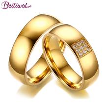 Beiliwol anillos de boda de moda para mujeres y hombres AAA zirconia acero titanio simple Color dorado anillo para pareja regalo 2024 - compra barato