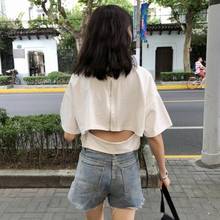 QRWR T Shirts Women 2021 Korean Fashion Short  Cute Solid Backless Top Casual Short Sleeve Summer Zipper T Shirt For Girls 2024 - buy cheap