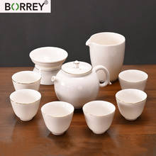 BORREY Chinese Bone China With Gold Tea Set 9Pcs Kung Fu Tea Pu'er Flower Teapot Cup Withe Filter Gift Wrap Drinkware Tea Set 2024 - buy cheap
