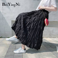 Beiyingni mulheres saias plissadas midi cintura alta elástica chiffon fino longo casual simples faldas feminino preto branco preppy all-match 2024 - compre barato