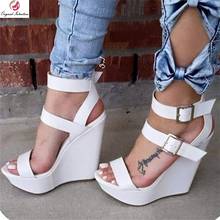 Sandalias elegantes originales de doble hebilla para mujer, bonitas sandalias de plataforma con cuña, zapatos blancos de alta calidad, tallas 4-15 para mujer 2024 - compra barato