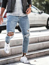 Calça jeans destruída masculina, jeans elástico azul destruído estilo hip hop, jeans masculino quebrado, calças lápis, jogger, calças de rua 2024 - compre barato