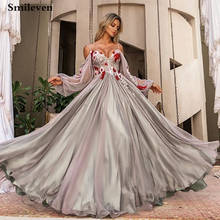 Smileven Glittle Tulle Formal Evening Dresses Off Shoulder Long Puffy Sleeve Party Gowns With 3D Flowers Beauty Pageant Dresses 2024 - buy cheap