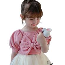 Ribbed Baby Girls Puff Sleeve T Shirts Tops Children Cotton Clothes Summer Toddler Big Bownot Cute Tees Korean Kids Bottoming 7Y 2024 - buy cheap