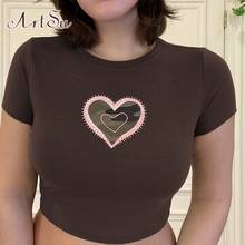 ArtSu Heart Embroidery Y2K Aesthetic 90s Crop Tops Women Crewneck Harajuku Casual Brown Tshirts Vintage Fashion Shirts TS52684 2024 - buy cheap