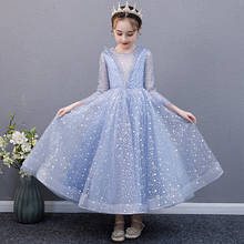 Flower Girl Dress Illusion Three Quarter O-Neck Sequined Luxury Blue Princess Floor-Length Tulle Lace Lovely Kid Party Gown H263 2024 - buy cheap