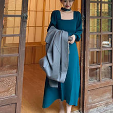 Female Square Collar Retro Sweater One Piece Dress Korean Winter Vintage Dress Women 2021 Long Sleeve Elegant Office Knit Dress 2024 - buy cheap