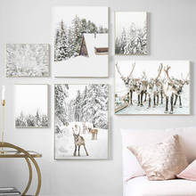 Póster e impresión escandinava de invierno, pintura en lienzo de paisaje natural, ciervo, Animal, nieve, bosque, imagen artística de pared, decoración nórdica para el hogar 2024 - compra barato