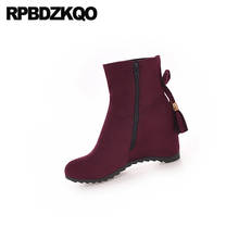 Wine Red Fur Fringe Suede Cheap Side Zip Boots 12 44 Height Increasing Plus Size Women Big 10 Round Toe Ankle High Heel Shoes 2024 - buy cheap