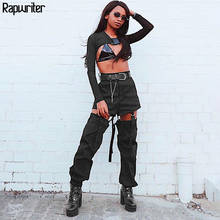 Calça feminina rapwriter de cintura alta com retalhos, calça de corrida cintura alta com bolsos pretos na altura do tornozelo 2020 2024 - compre barato