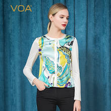 VOA Blue Black Yellow Thick Silk Pure White Double-sided Elastic Silk Knitted Edge Round Neck Long Sleeve Bright Cardigan B8390 2024 - buy cheap