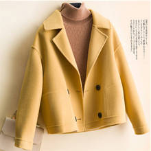 Casaco de lã de caxemira curto dupla face, jaqueta feminina folgada, preta, bege, amarela 2024 - compre barato