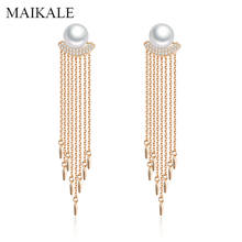 MAIKALE Trendy Long Tassel Chain Pearl Earrings for Women Cubic Zirconia Hanging Dangle Drop Earrings with Pearls Girls Jewelry 2024 - buy cheap