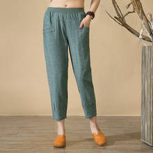 Calça feminina de linho em cores sólidas, calça feminina de cintura alta elástica solta no tornozelo 2024 - compre barato