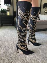 Botas de satén con remaches para mujer, botines por encima de la rodilla, puntiagudas, cadenas doradas, a la moda 2024 - compra barato
