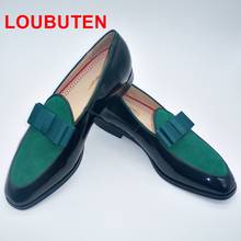 Loubuten sapatos de couro preto patenteado masculinos mocassins com gravata borboleta verde camurça sapatos de trabalho para homens sapatos de casamento slip-on 2024 - compre barato