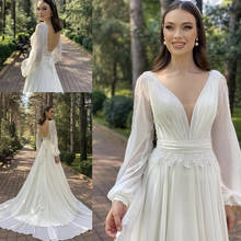 2021 à venda verão marfim longo sleevesnupcial vestidos de casamento mergulho v decote renda applique casamento vestidos para a noiva de volta para fora 2024 - compre barato