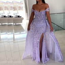 Lilac Side Split Mermaid Evening Dresses 2021 Sexy Off the Shoulder Beaded Lace Prom Gowns With Detachable Train Vestidso De Fie 2024 - buy cheap