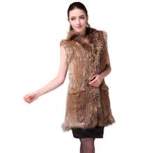 New Knitted Rabbit fur vest with raccoon fur collar gilet sleeveless garment waistcoat natural brown /white 2024 - buy cheap