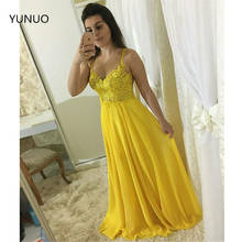 YUNUO Yellow Chiffon Prom Dresses 2021 Spaghetti Straps Illusion Back Lace Applique Custom Made Evening Gown Formal Wear 2024 - buy cheap