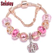 SEIALOY Rose Gold Bracelets For Women Girls Couple Pink Crystal Peach Blossoms Charm Butterfly Glass Love Beads Bracelet Bangles 2024 - buy cheap