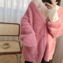 Suéter feminino grosso de malha com decote em v, casaco quente de manga comprida, suéter feminino rosa, primavera 2020 2024 - compre barato