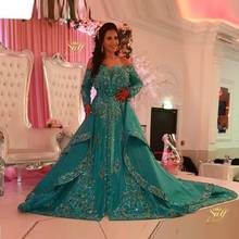 Роскошные Синие марокканские Свадебные платья кафтан с длинным рукавом без бретелек Аппликации Кристалл вышитые бисером вечерние платья на выпускной Дубай Саудовская Арабский платье 2024 - купить недорого