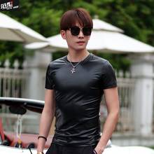 Hot Men's Personality New Korean Short Sleeve T-Shirt Male Tide Round Neck Fashion Stitching PU t-Shirts Mens Black Dress S-4XL 2024 - buy cheap