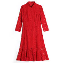 Luxuaxsikax-vestido feminino de primavera e outono, nova coleção 2020, elegante, vintage, vermelho, renda aprimorada, vestido de festa 2024 - compre barato