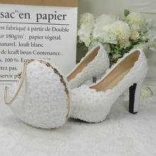 BaoYaFang White Royal Blue Flower Wedding shoes and bags sets Ladies Platform shoes woman High heel shoes Thick Heel heart purse 2024 - buy cheap