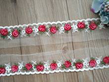 10Yds-Cinta de encaje con flores rosas, malla de red bordada DIY de 5cm para decoración de costura, tela para vestido de muñeca 2024 - compra barato