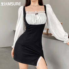 IAMSURE-minivestido Vintage de encaje con cuello cuadrado, manga larga abombada, elegante para mujer, moda de los 90, 2021 2024 - compra barato