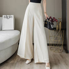 Coreano elegante senhora do escritório longo chiffon calças largas calças femininas ternos de cintura alta com zíper solto 2021 calças de verão para mulher 2024 - compre barato
