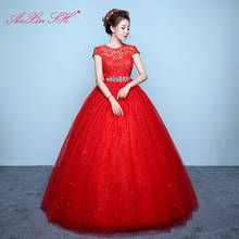 Anxin sh princesa flor vermelha laço vestido de casamento do vintage turquia o pescoço ilusão faixas miçangas cristal bola vestido de casamento 2024 - compre barato