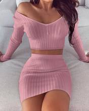 Echoine Ribbed Long Sleeve V-neck Crop Top Mini Skirt Two Piece Set Club Party Outfits 2024 - buy cheap