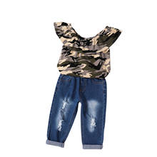 New Toddler Girls 2Pcs Summer Outfits, Camouflage Ruffle Tops + Ripped Denim Pants Set 2024 - buy cheap