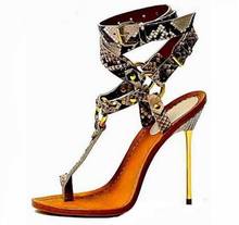 Summer Women Snakeskin T-bar Sandals Python Straps Buckle Hollow Out Ankle Buckle Strap Fashion Gold Metal Thin Heel Sandals 2024 - buy cheap