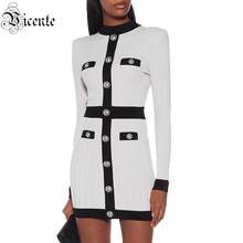 VC Free Shipping Women Black White Stitching Bandage Dress Turtleneck Long Sleeves Buttons Celebrity Party Bodycon Vestidos 2024 - buy cheap