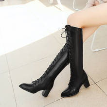 New Women Motorcycle Boots Pointed Toe Chunky Heel Riding Boots Female Lace Up Knee High Boots High Quality Winter Warm Shoes 2024 - buy cheap