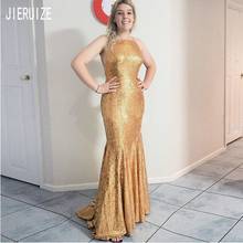 JIERUIZE Gold Sequin Mermaid Evening Dresses Halter Neck Criss-Cross Back Formal Party Dresses Shiny Prom Gowns Robe De Soiree 2024 - buy cheap
